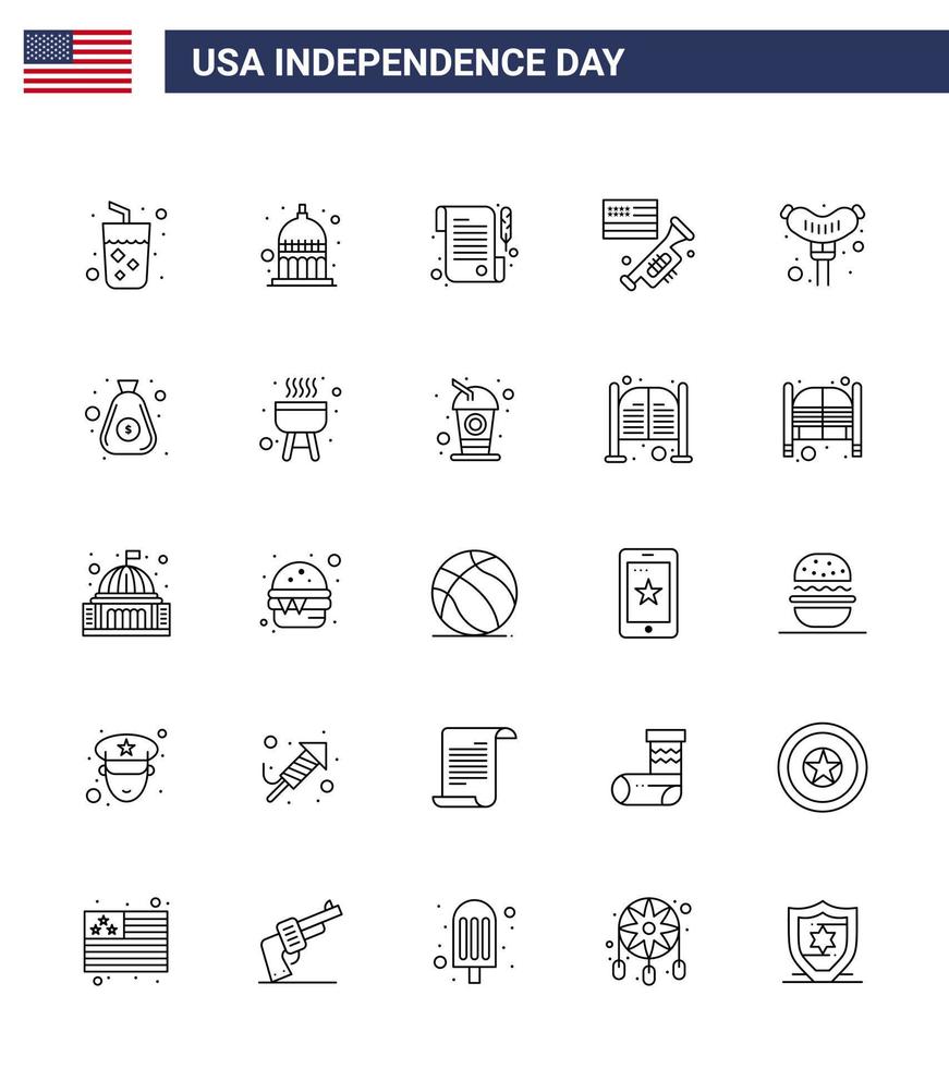 gelukkig onafhankelijkheid dag 25 lijnen icoon pak voor web en afdrukken worst voedsel papier Amerikaans spreker bewerkbare Verenigde Staten van Amerika dag vector ontwerp elementen