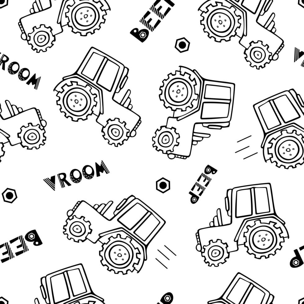 bouw machinerie naadloos patroon. tekening vector illustratie voor jongens in een Scandinavisch stijl. belettering piep, vroem. vervoer machine, tractor. voor verpakking, kleding stof, achtergrond.