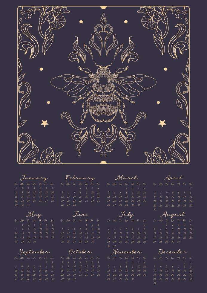 gouden hommel, sterren en bladeren Aan een donker achtergrond, wijnoogst stijl. magie kalender 2023. halloween, hekserij, astrologie, mystiek. 12 maanden van 2023 vector