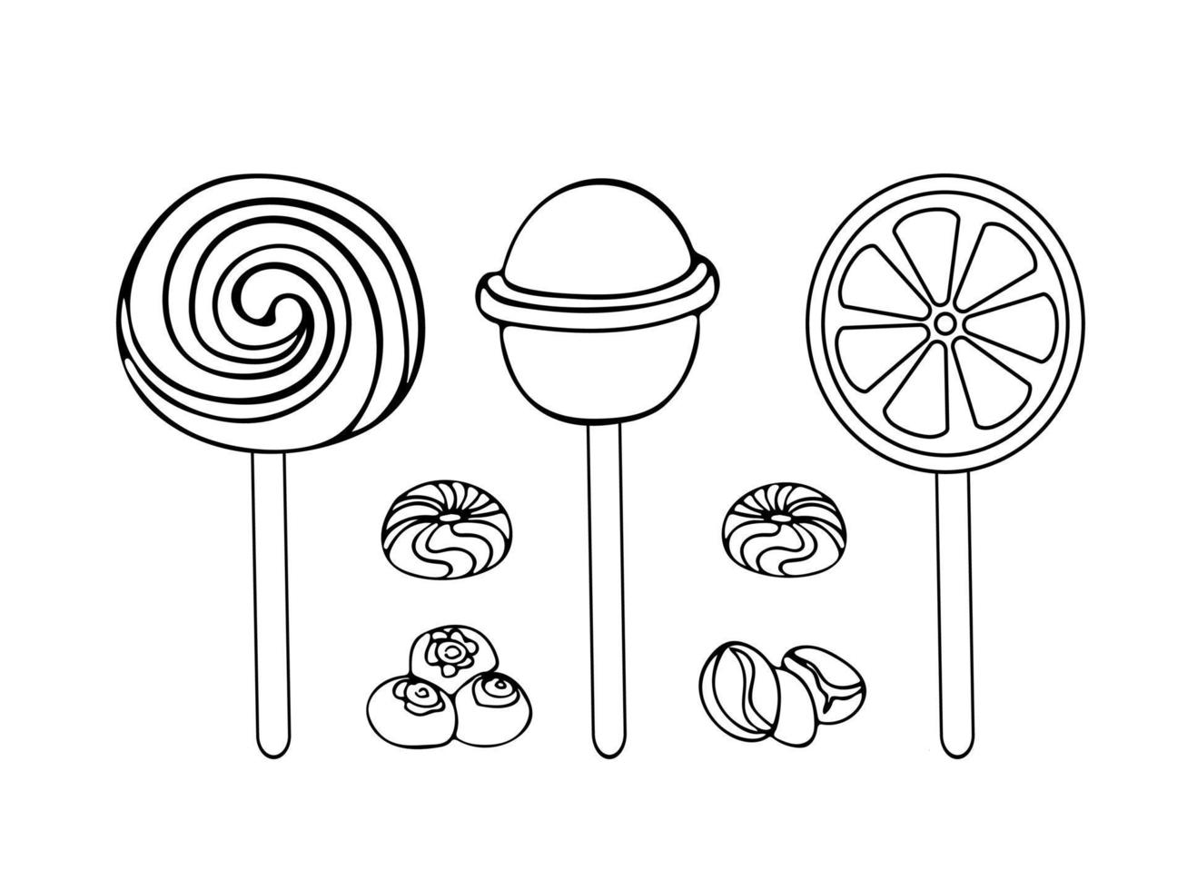 een reeks van snoepgoed. lolly, bosbes karamel en koffie. snoepgoed dag. vector tekening illustratie van toetje voedsel in wijnoogst stijl. voor menu, kookboek, ansichtkaart, poster.