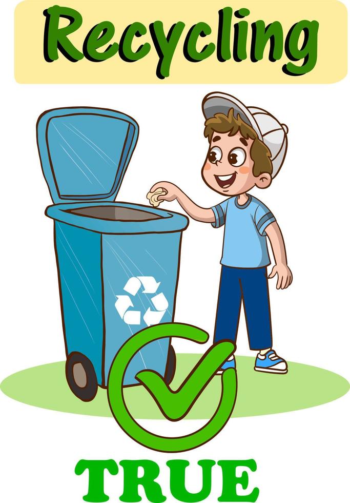 kinderen het werpen vuilnis in de recycling bin.kinderen vervuilend de milieu tekenfilm vector