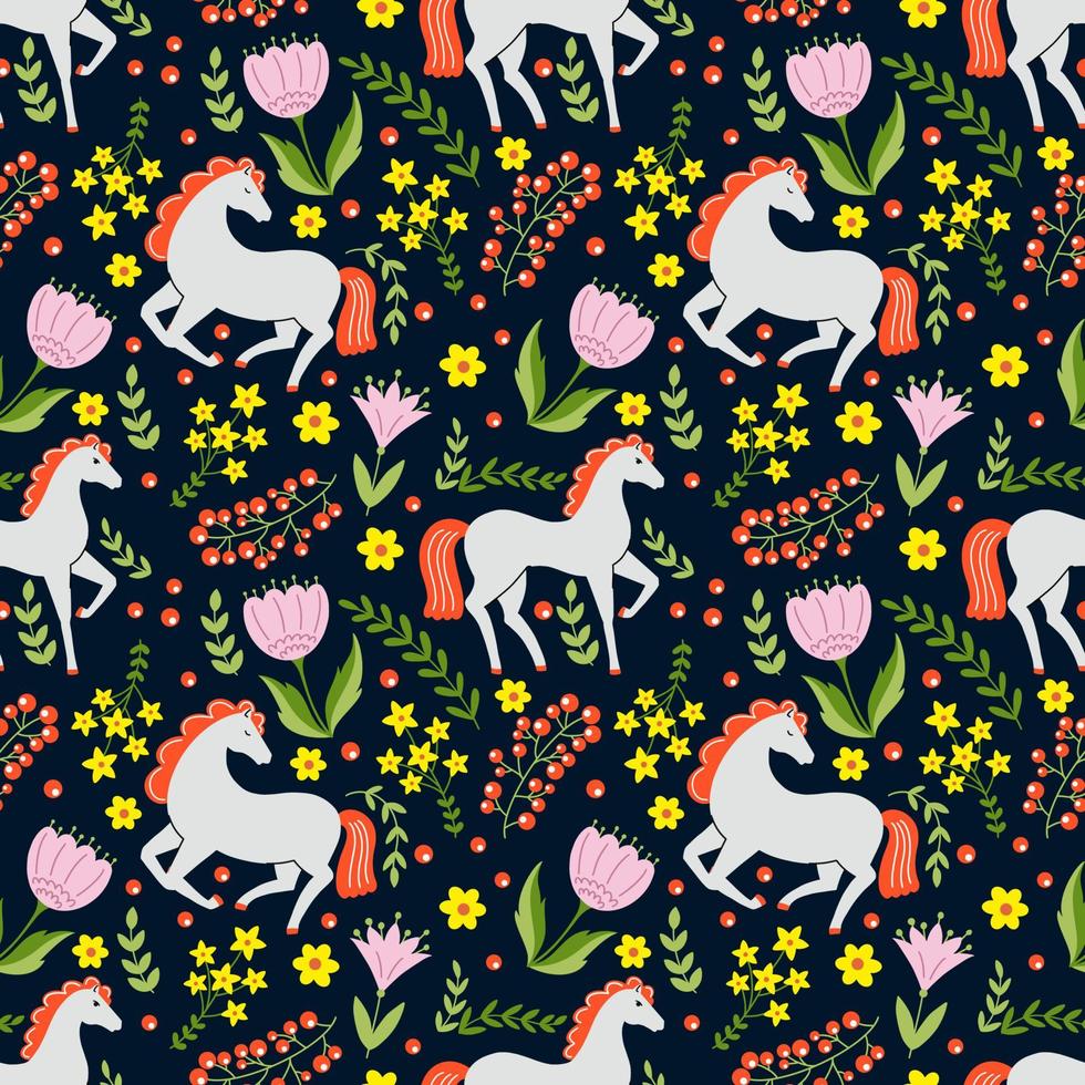 paard in bloemen en bessen. zwart naadloos patroon voor naaien kleren en het drukken Aan kleding stof. ornament. vector