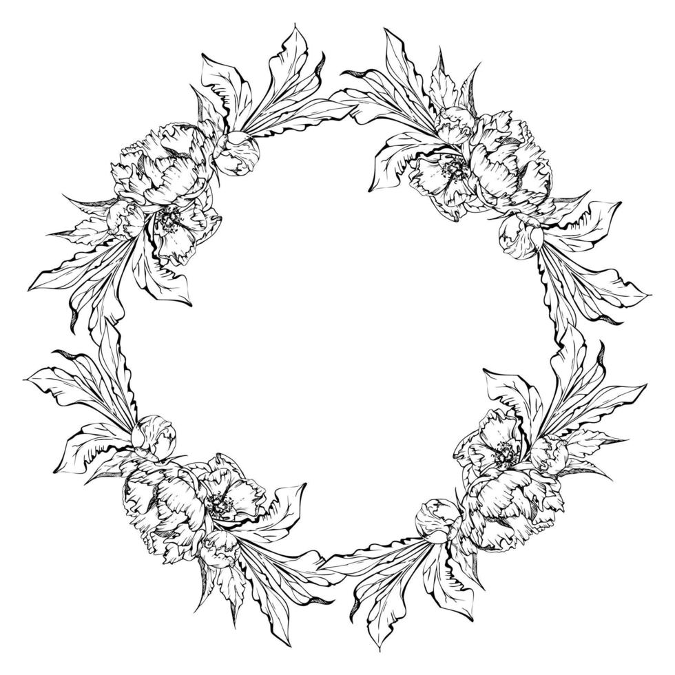 hand- getrokken vector cirkel kader krans arrangement met pioen bloemen, bloemknoppen en bladeren. geïsoleerd Aan wit achtergrond. ontwerp voor uitnodigingen, bruiloft of groet kaarten, behang, afdrukken, textiel