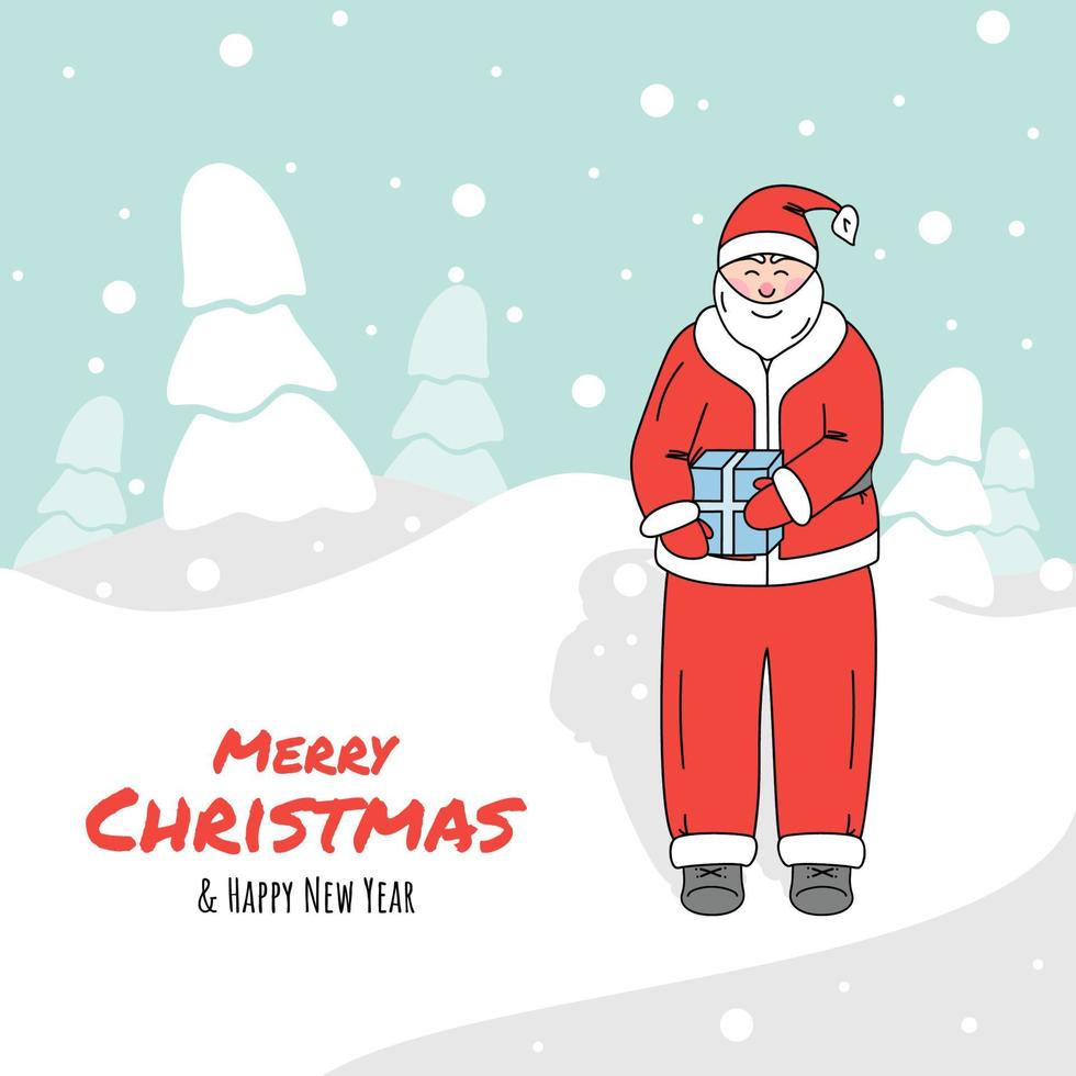 hand- getrokken illustratie van schattig de kerstman claus Holding geschenk in winter besneeuwd Woud vector