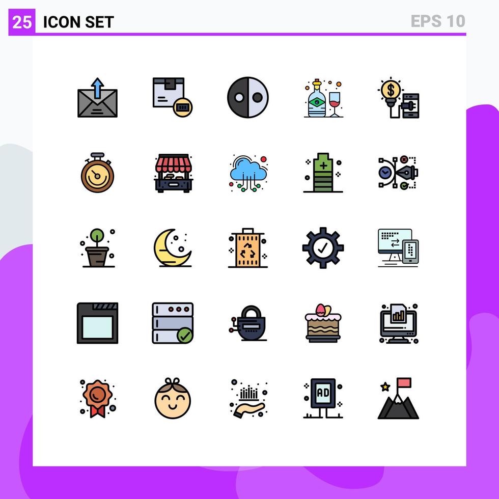 25 universeel gevulde lijn vlak kleuren reeks voor web en mobiel toepassingen glas fles Verzending alcohol symboliek bewerkbare vector ontwerp elementen