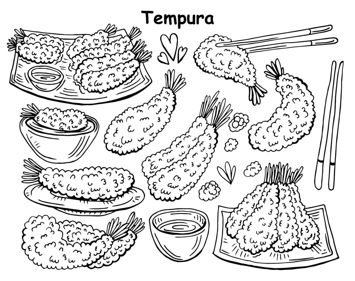 tempura pictogrammen reeks schets vector. voorafje garnaal. gebakken diep vector