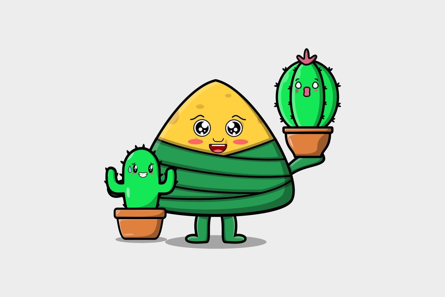 schattig tekenfilm Chinese rijst- knoedel Holding cactus vector