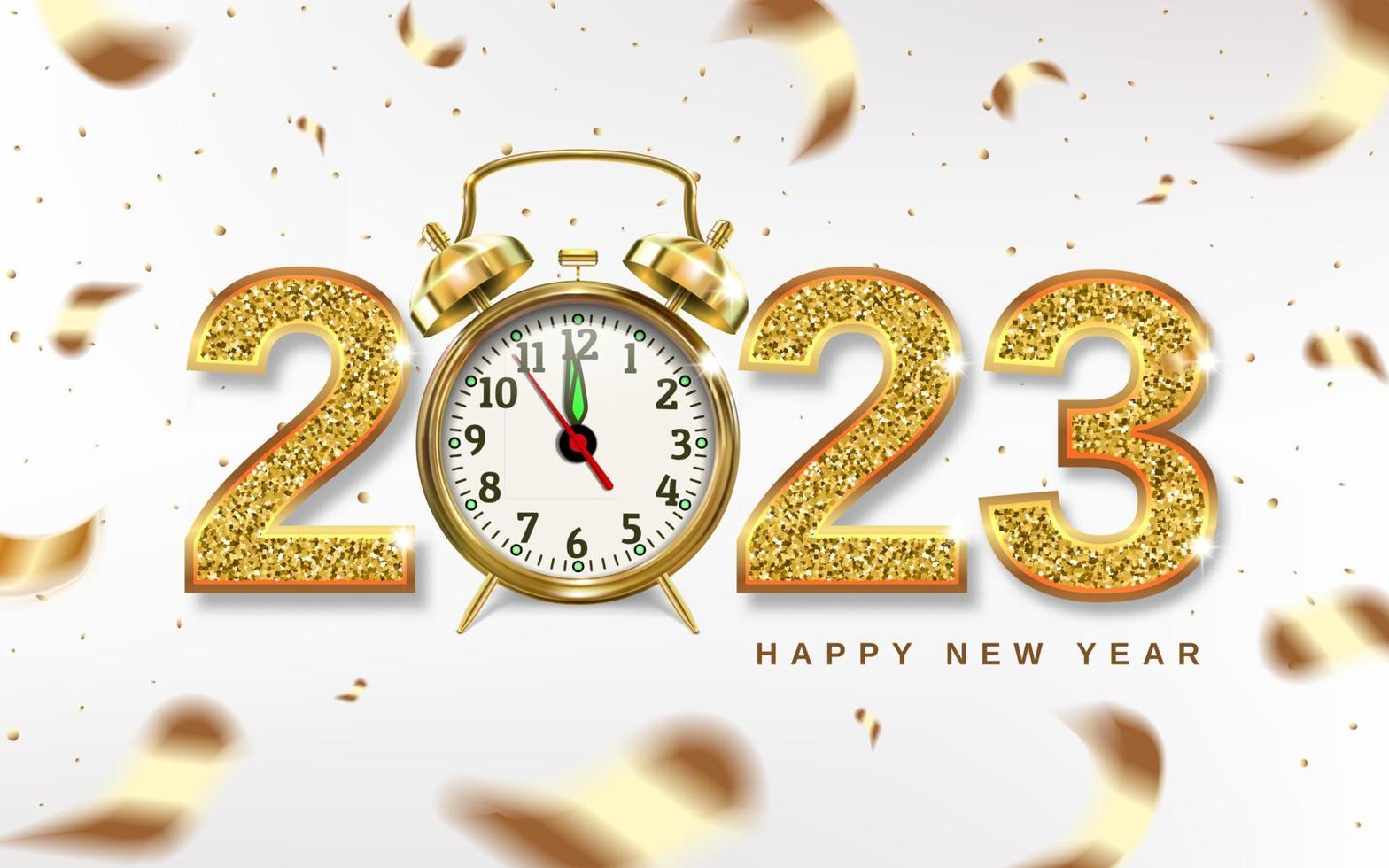 Kerstmis getallen 2023 met gouden alarm klok, pijlen punt naar nieuw jaar - concept. confetti goud. 3d realistisch illustratie. licht achtergrond. vector. vector