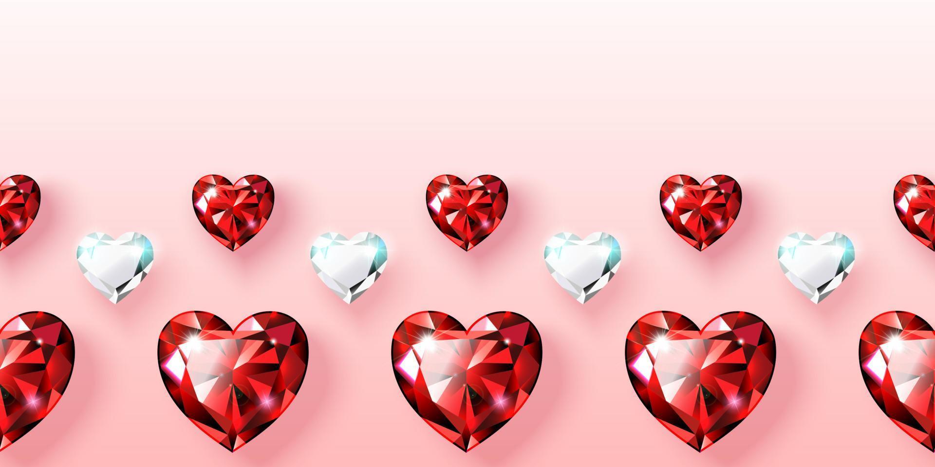 banier met een horizontaal grens van rood robijnen en diamanten. edelstenen in de vorm van een hart. Valentijn kaart voor Valentijn s dag, Dames s dag, bruiloft illustratie vector