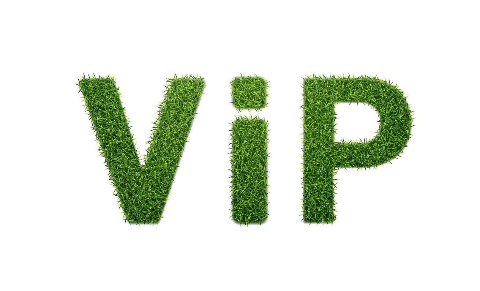 woord vip met gras textuur.groente lettertype. 3d realistisch stijl vector illustratie.