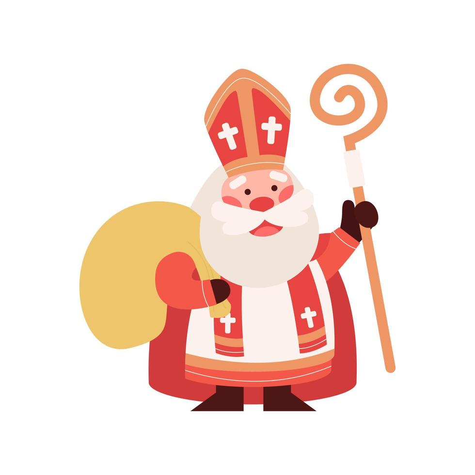 schattig heilige nicholas of sinterklaas met zak van cadeaus en personeel. gelukkig st nicholas dag. oud Mens bisschop karakter. winter christen vakantie. mascotte tekenfilm illustratie. vector