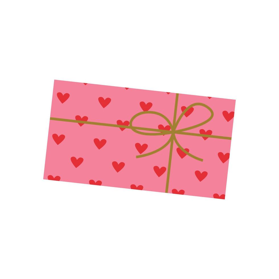 kleurrijk Valentijnsdag dag geschenk doos met boog en lintje. verrassing doos in feestelijk roze hart omhulsel papier met goud bogen Aan vakantie. Cadeau voor kerstmis, verjaardag, valentijn, feest. uitverkoop winkelen. vector