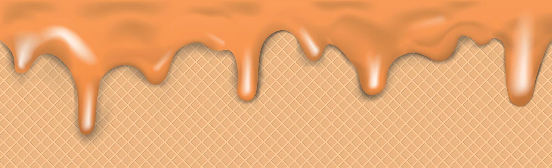 zoet naadloos panoramisch ijs room patroon met druipend karamel suikerglazuur en wafel structuur - vector