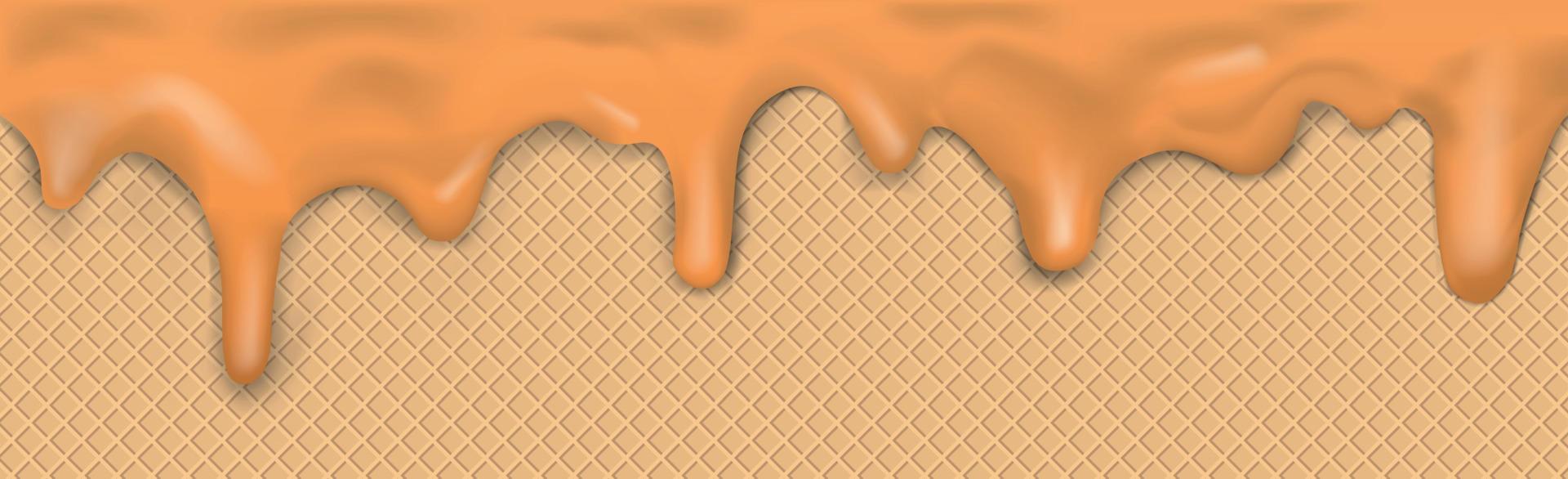 zoet naadloos panoramisch ijs room patroon met druipend karamel suikerglazuur en wafel structuur - vector