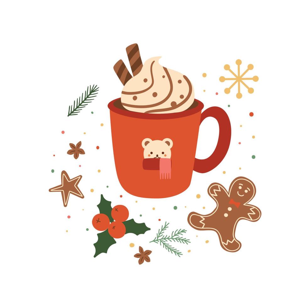 heet Kerstmis drinken in rood kop met koffie, thee, kaneel, heet chocola, geslagen room en snoep riet, ontbijtkoek, hulst. schattig Kerstmis mok element, nieuw jaar of winter vakantie vector illustratie.