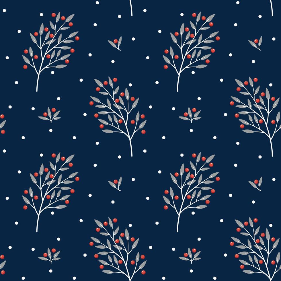 wit takken met rood winter bessen Aan een donker blauw achtergrond naadloos patroon. Kerstmis omhulsel papier. vector