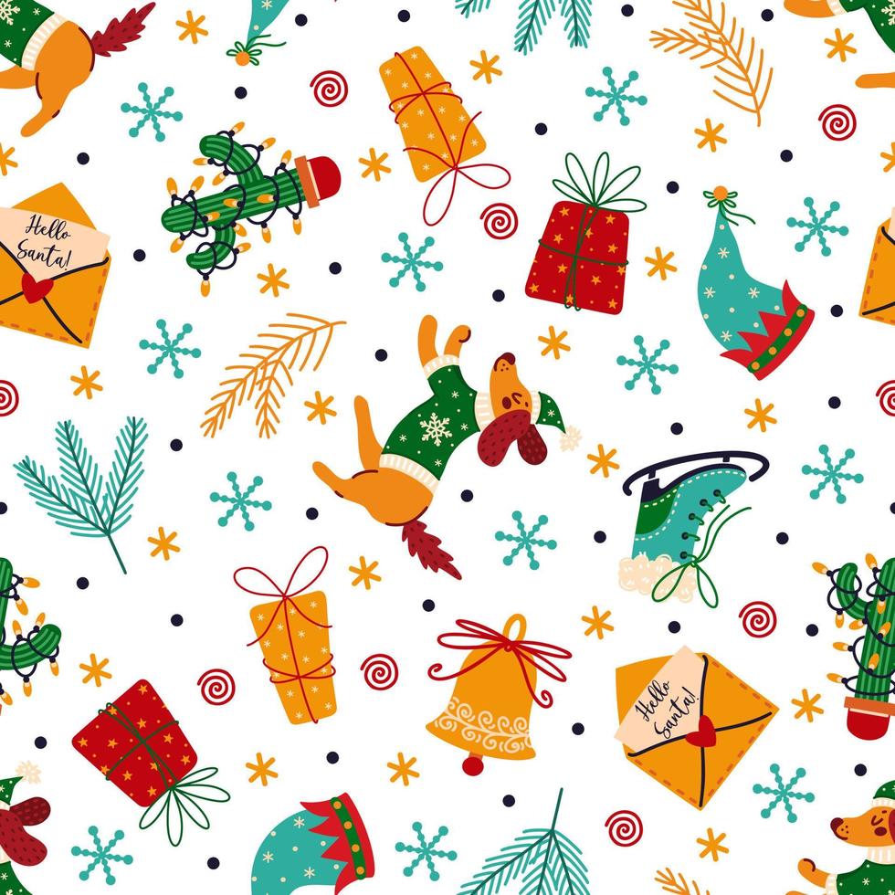 vrolijk Kerstmis en gelukkig nieuw jaar naadloos vector patroon. vakantie symbolen - schattig hond, brief naar de kerstman claus, geschenken, sneeuwvlokken, ijs schaatsen, feestelijk boom. vlak tekenfilm achtergrond voor afdrukken, kaarten