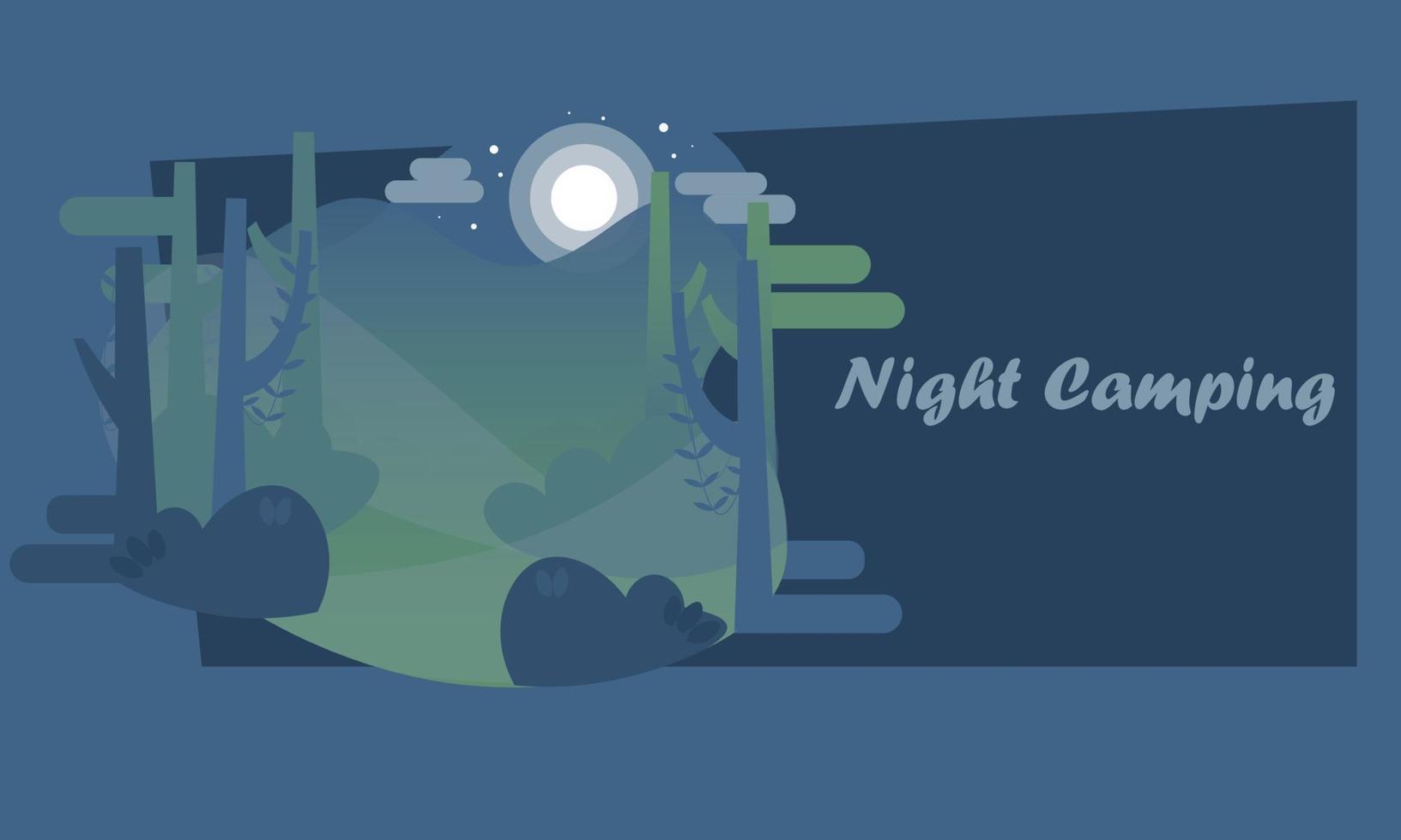 nacht landschap illustratie in vlak stijl met tent, kampvuur, bergen, Woud en water. achtergrond voor zomer kamp, natuur toerisme, camping of wandelen ontwerp concept. vector