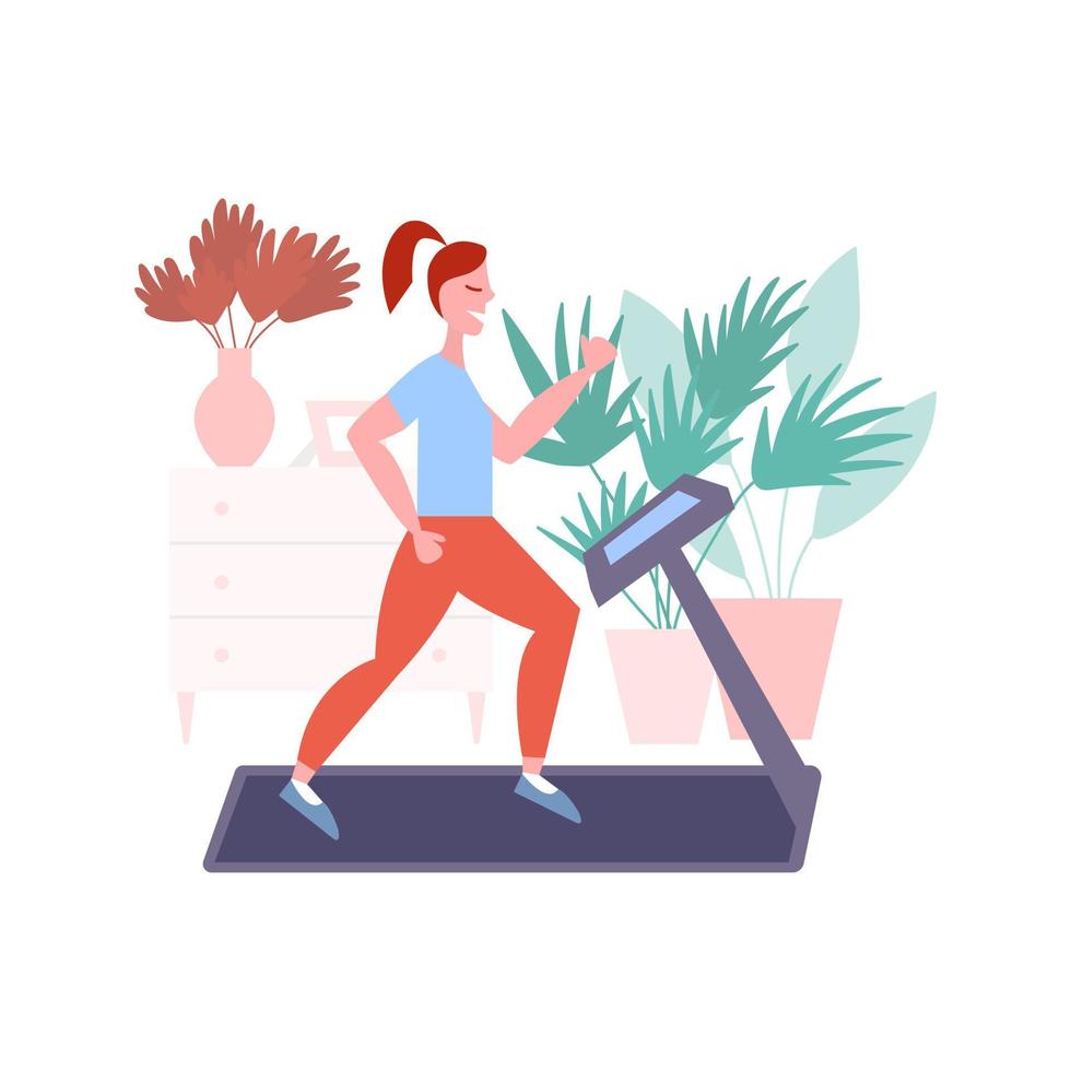 vrouw rennen Aan loopband Bij huis vector illustratie. sport vrouw aan het doen cardio in huis interieur.