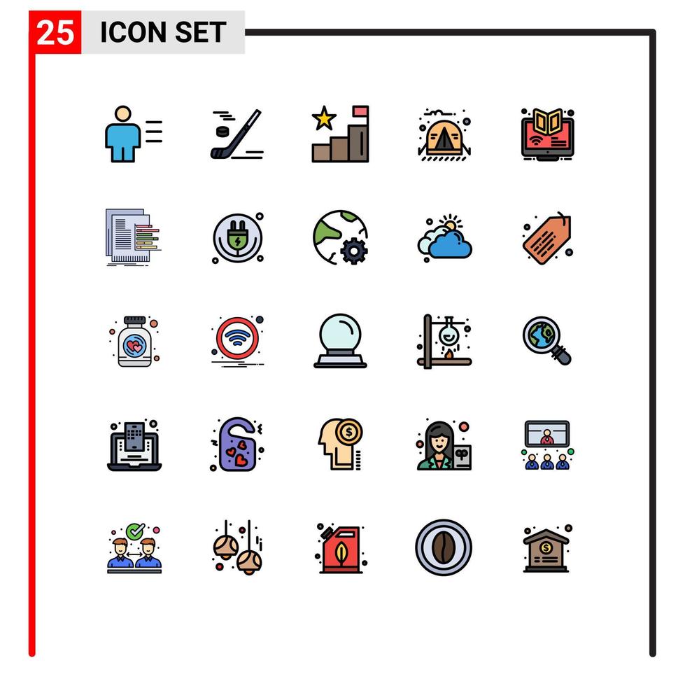 mobiel koppel gevulde lijn vlak kleur reeks van 25 pictogrammen van oerwoud camping sneeuw kamp diagram bewerkbare vector ontwerp elementen