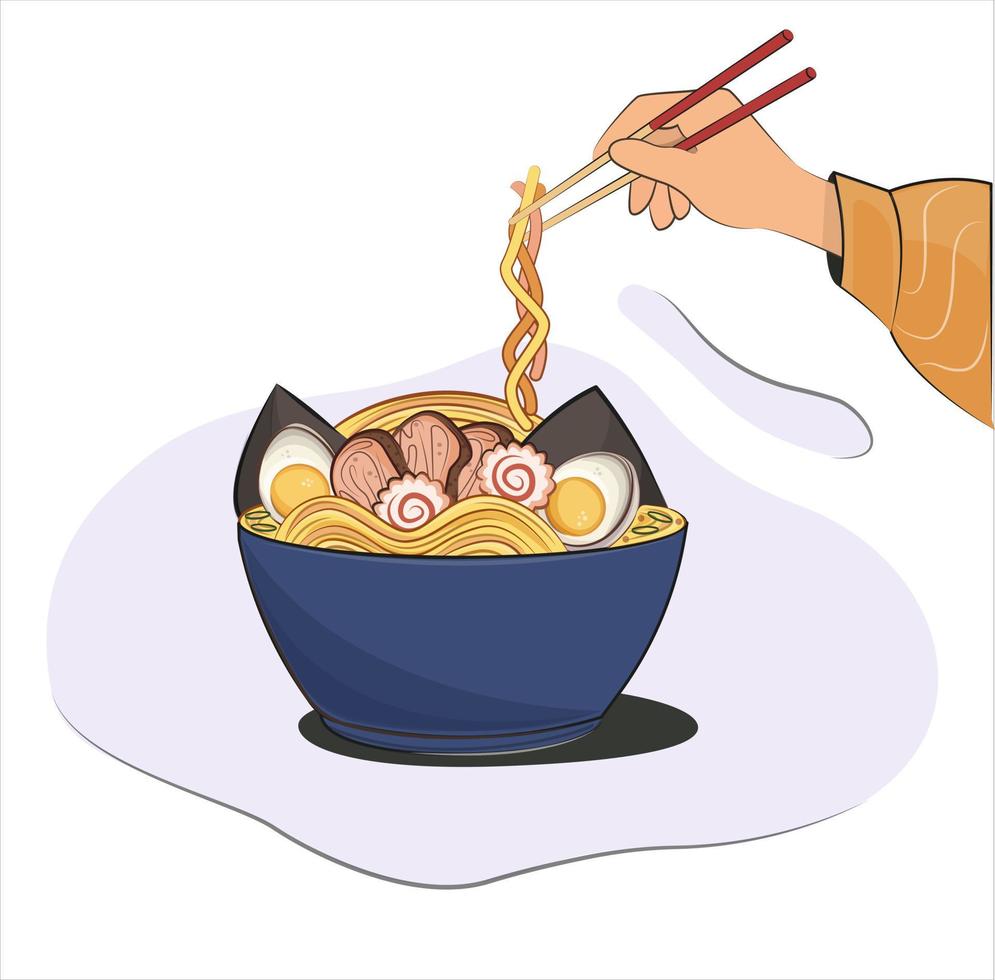 Aziatisch miso ramen noodle kom met eieren, wakker, tofu en hand- Holding eetstokjes met noedels. vector