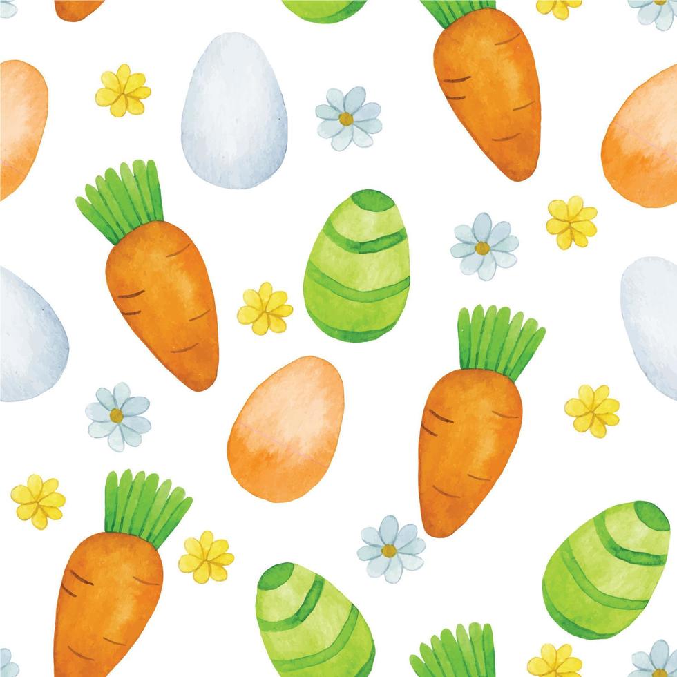 waterverf naadloos patroon voor Pasen. schattig afdrukken met wortels en geschilderd Pasen eieren en bloemen Aan een wit achtergrond vector