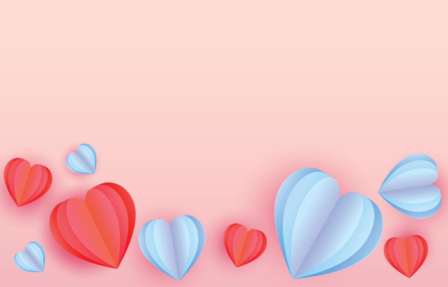 rood en blauw papier besnoeiing elementen in vorm van hart. vliegend Aan leeg roze en zoet achtergrond. vector symbolen van liefde voor gelukkig Valentijnsdag dag, verjaardag groet kaart ontwerp.