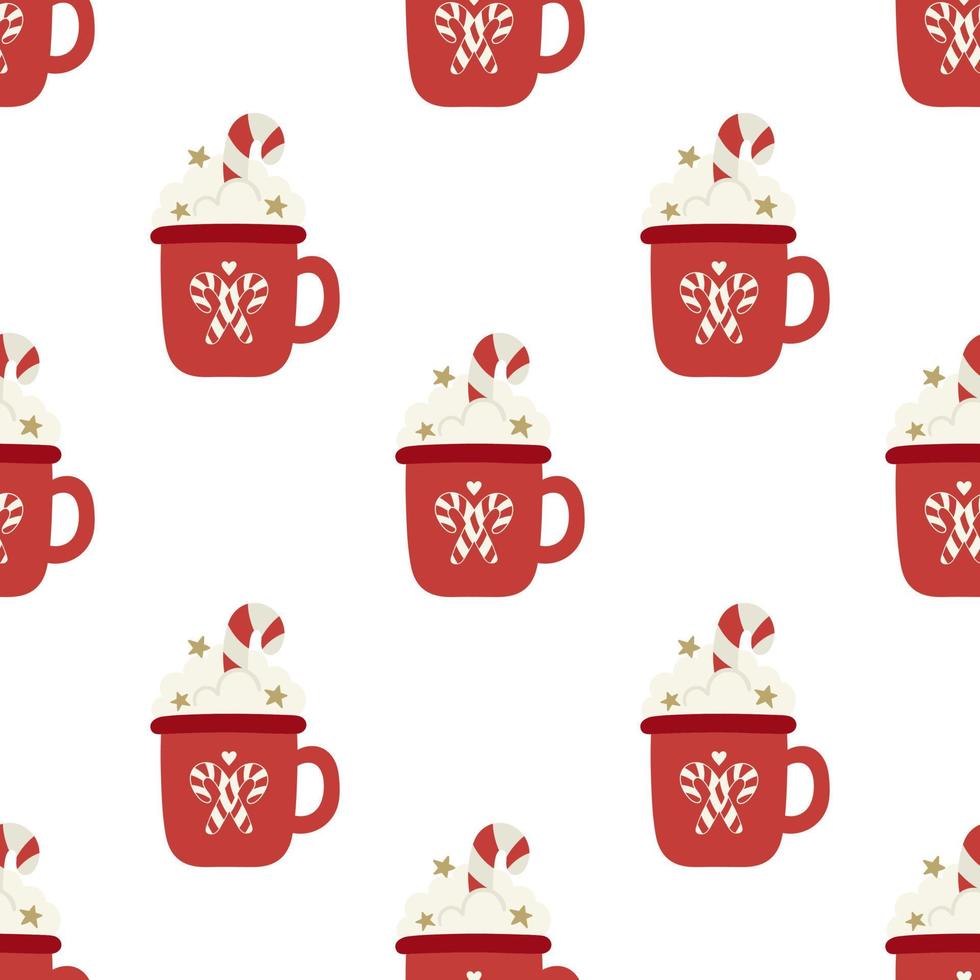 een rood mok van cacao met room, versierd met gouden sterren en zoet Kerstmis snoepjes. schattig en helder winter vakantie naadloos patroon. vector