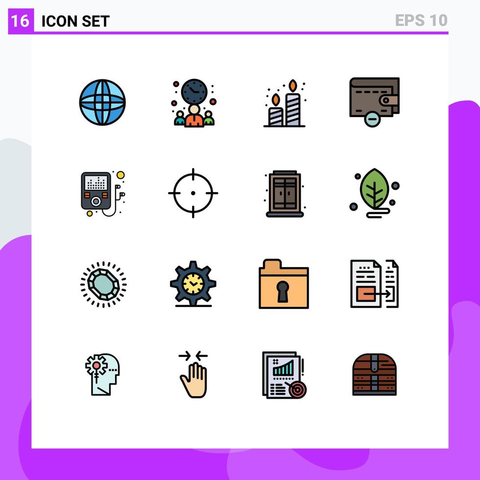 16 universeel vlak kleur gevulde lijnen reeks voor web en mobiel toepassingen doel speler kaars apparaat geld bewerkbare creatief vector ontwerp elementen