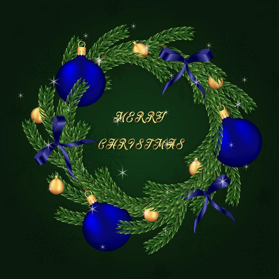 Kerstmis krans van naturalistisch pijnboom takken versierd met goud en blauw ballen. vector illustratie.