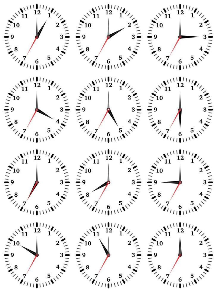 een reeks van mechanisch klokken met een beeld van elk van de twaalf uur. klok gezicht Aan wit achtergrond. vector