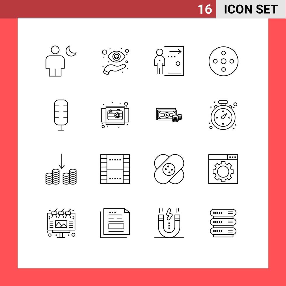 modern reeks van 16 contouren en symbolen zo net zo haspel camera haspel visie persoon ontslagen bewerkbare vector ontwerp elementen