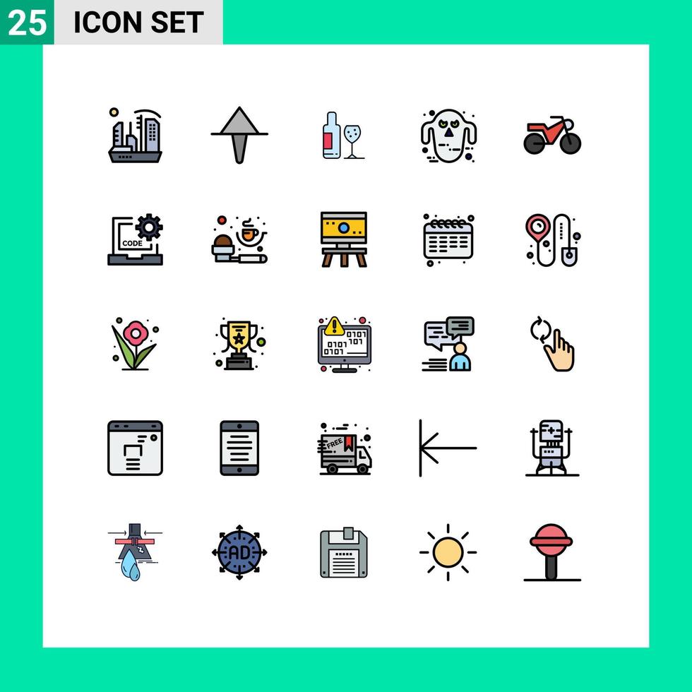 25 universeel gevulde lijn vlak kleuren reeks voor web en mobiel toepassingen motorfiets eng drinken halloween geest bewerkbare vector ontwerp elementen