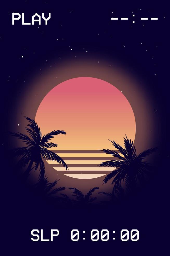 synthwave vector illustratie voor kleding met palmen en zonsondergang. los angeles gevoel. ontlopen grafisch in 80's stijlvol. vhs effect.