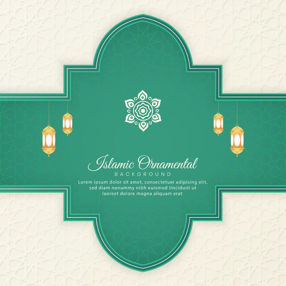 Islamitisch Arabisch groen en wit achtergrond met meetkundig patroon en mooi ornament met lantaarns vector