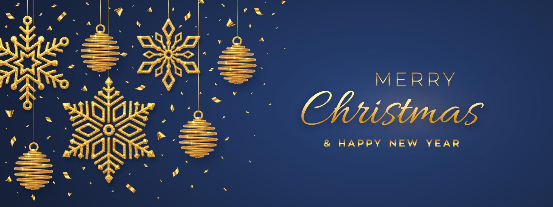 Kerst blauwe achtergrond met hangende glanzende gouden sneeuwvlokken en ballen. vrolijk kerstfeest wenskaart. vakantie kerstmis en nieuwjaar poster, webbanner. vector illustratie.