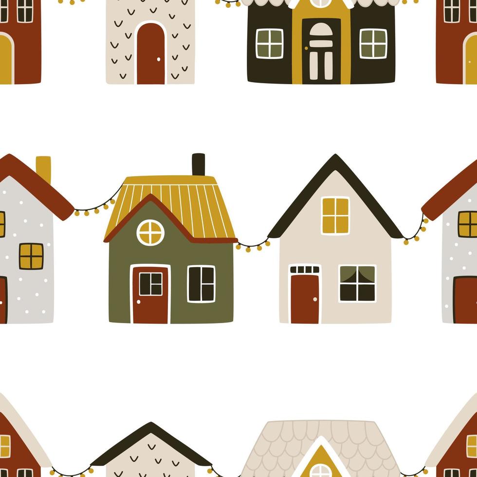 Kerstmis slingers zijn hing tussen Scandinavisch schattig huizen. vector naadloos patroon voor Kerstmis en nieuw jaar cadeaus omhulsel papier