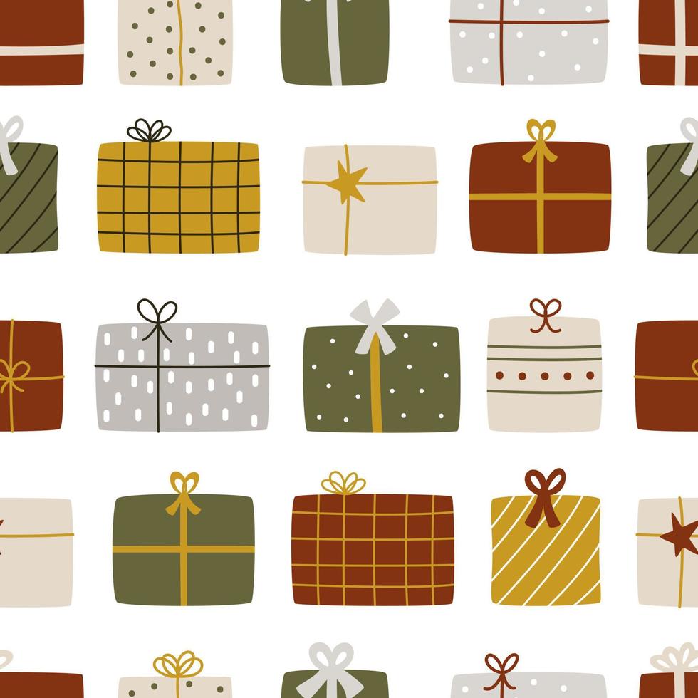 schattig hand getekend geschenk dozen in hygge kleuren voor de winter vakantie. naadloos patroon voor een geschenk Aan kleding stof of papier voor vrienden en familie voor Kerstmis en nieuw jaar vector