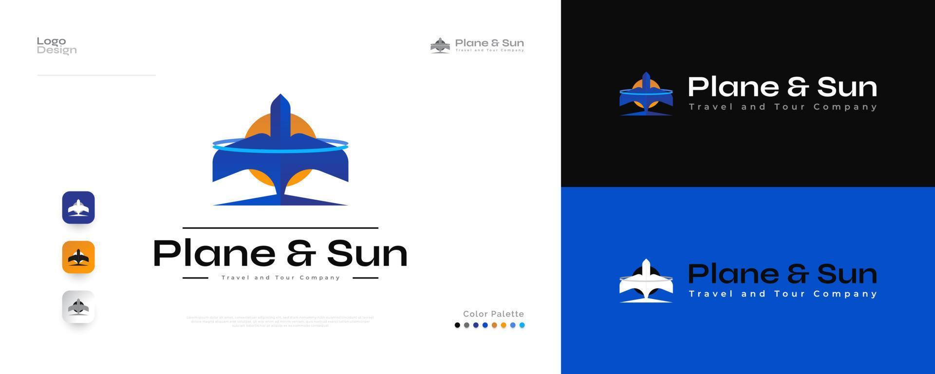 blauw vliegtuig en zon logo ontwerp. abstract vogel of vlak logo of icoon, geschikt voor luchtvaart, toerisme of reizen bedrijf logo vector