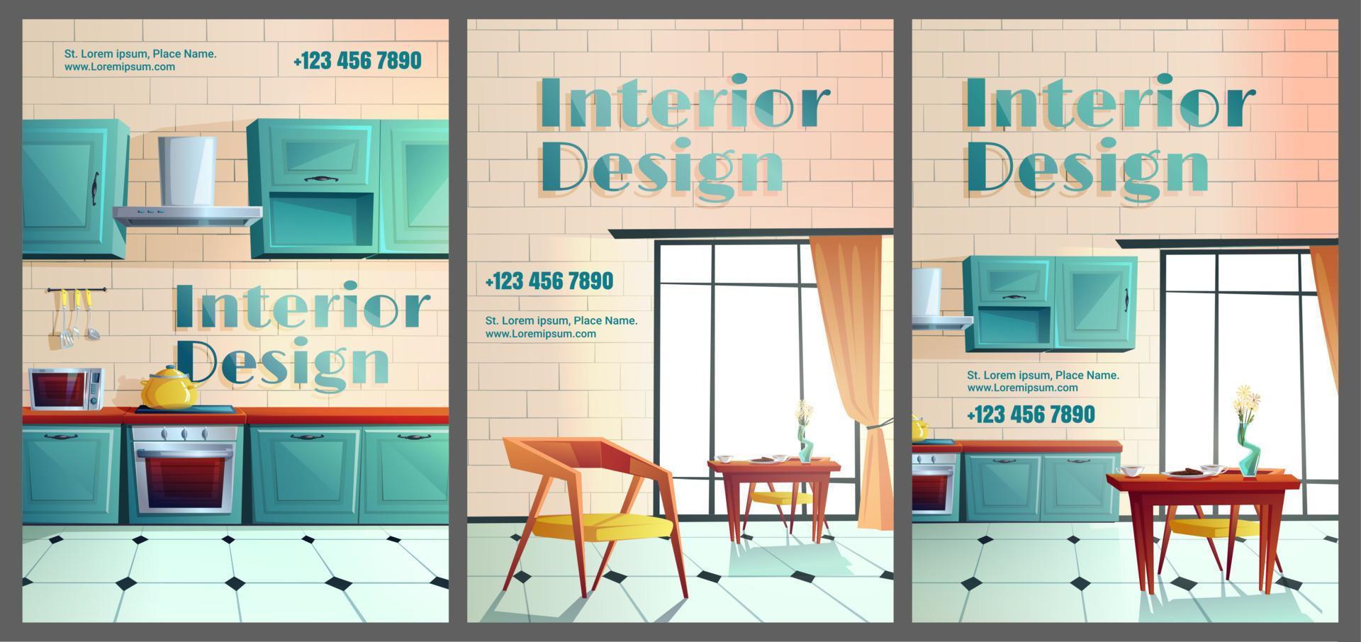 interieur ontwerp tekenfilm banners huis, cafe keuken vector
