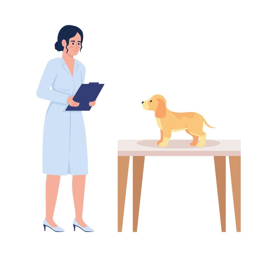 dierenarts dokter onderzoeken puppy semi vlak kleur vector karakter. bewerkbare figuur. vol lichaam persoon Aan wit. geneeskunde gemakkelijk tekenfilm stijl illustratie voor web grafisch ontwerp en animatie