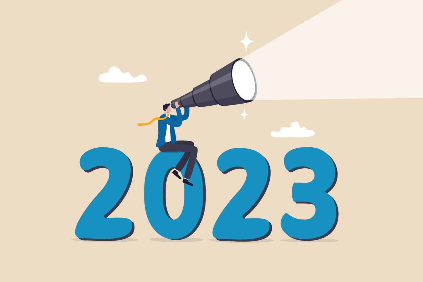 jaar 2023 vooruitzichten, bedrijf kans of nieuw uitdaging vooruit, visie naar maken besluit of Actie naar voren, plan en perspectief concept, vertrouwen zakenman kijken door telescoop Aan jaar 2023. vector