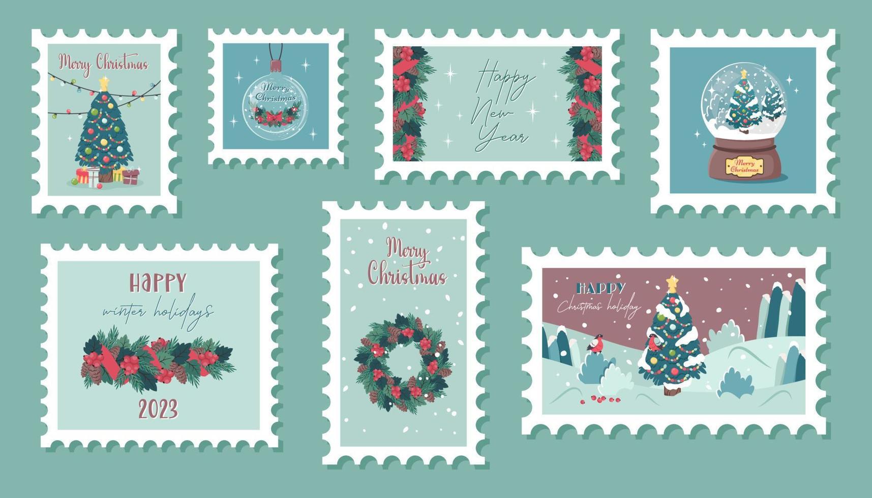 reeks van Kerstmis port postzegels. verscheidenheid van winter vakantie poststempels. schattig papier mail stickers met Kerstmis lauwerkrans, bomen, geschenken, vogels, sneeuw glas bal, groet tekst. vector vlak illustratie