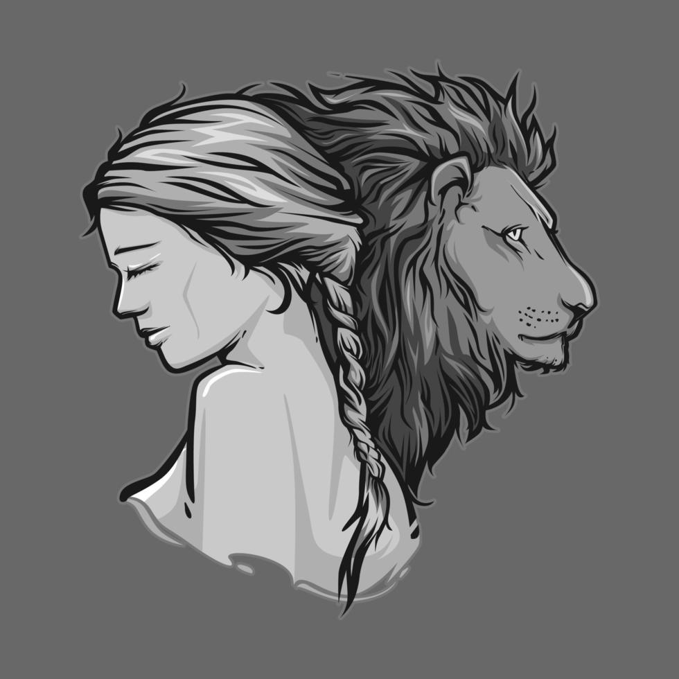 vrouw en leeuw, tekening vector illustratie
