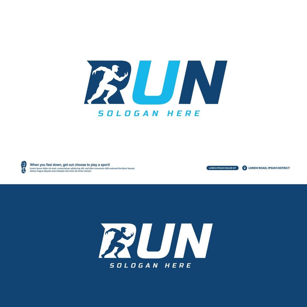 rennen woordmerk logo met loper binnen, negatief sapce rennen club logo sjabloon, marathon toernooi logtype, fitheid, atleet opleiding voor leven symbool. vector