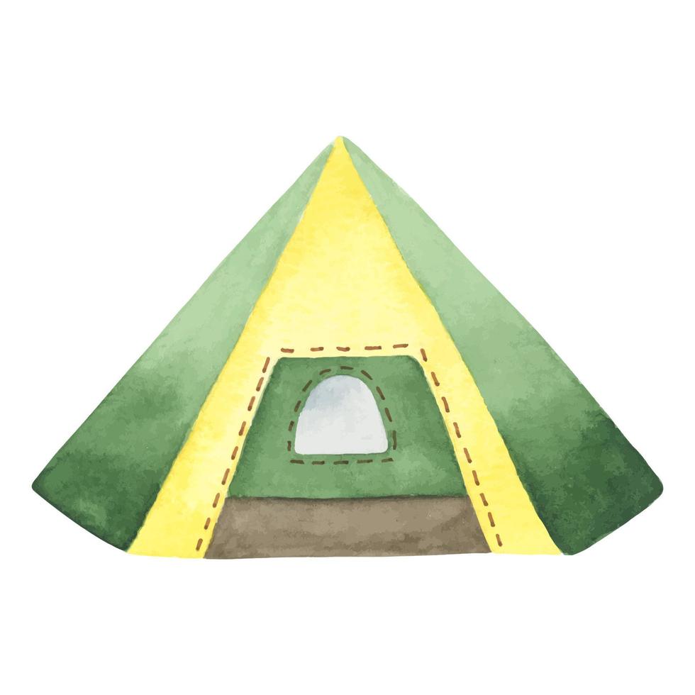 retro tent geschilderd in waterverf, toerist tent voor camping groen en geel, accessoires voor recreatie, hacken en camping vector