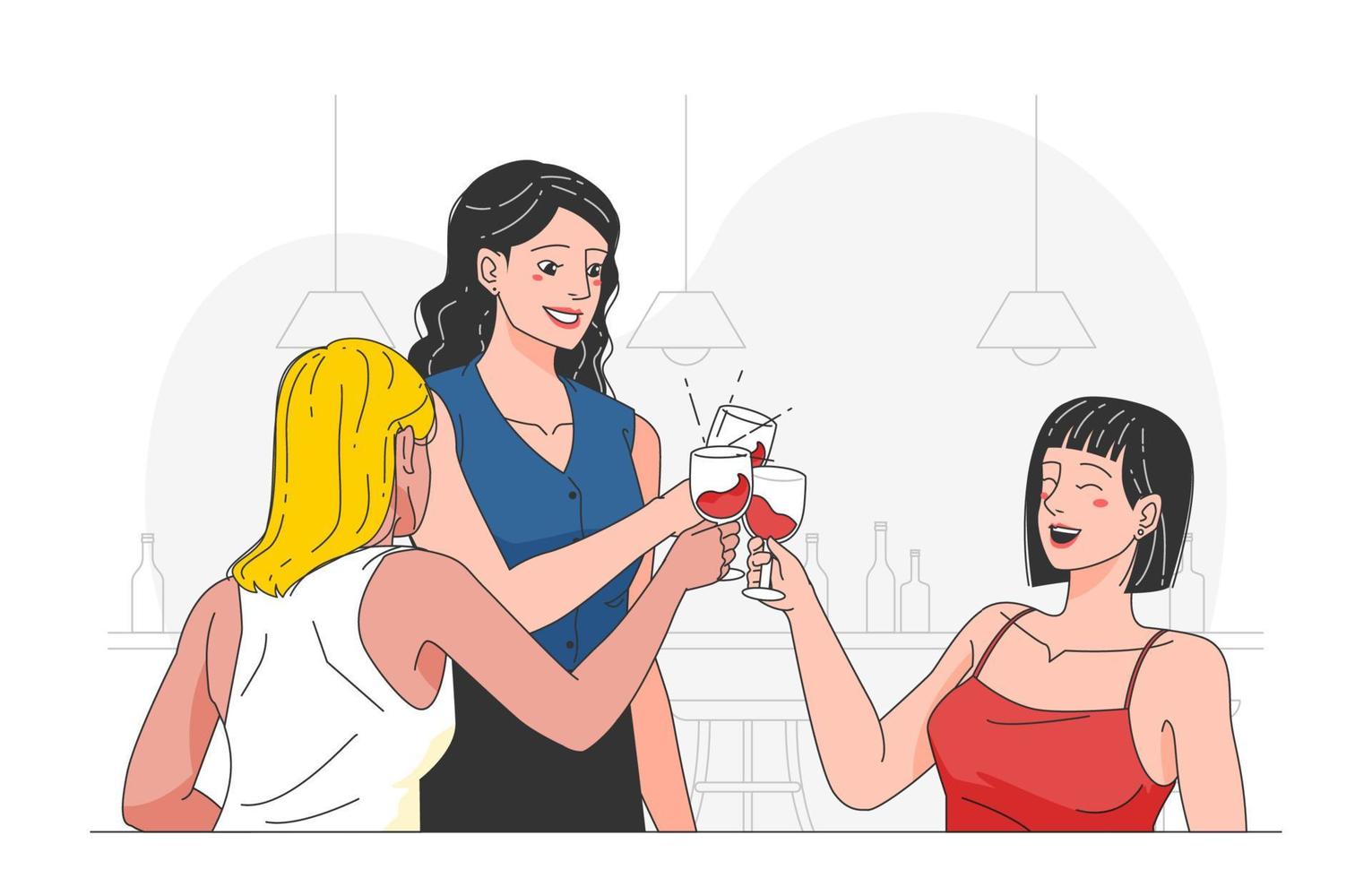 drie meisjes vieren hun vriendschap met een wijn geroosterd brood vector