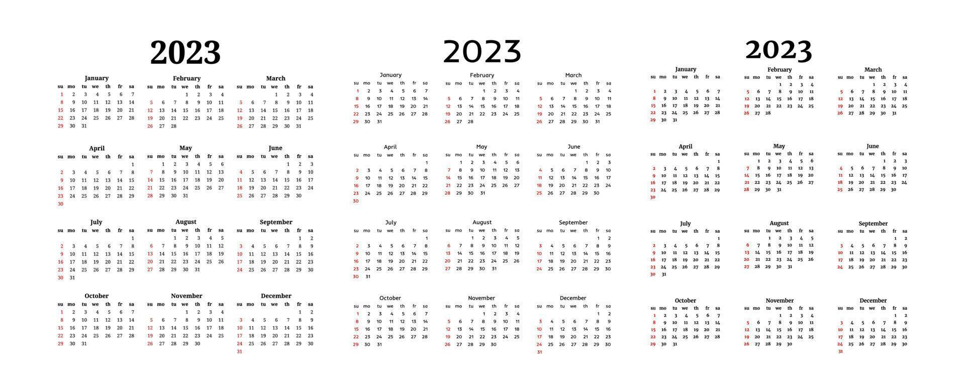 reeks van drie kalenders voor 2023 geïsoleerd Aan een wit achtergrond. zondag naar maandag, bedrijf sjabloon. vector illustratie