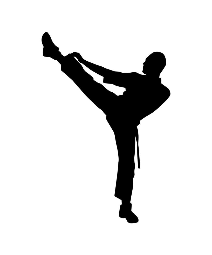karate praktijk concept. vector gemakkelijk mannetje silhouet schaduw vorm geven aan, vlak zwart icoon geïsoleerd Aan wit achtergrond. logo ontwerp element. Aziatisch sportief krijgshaftig vechter..