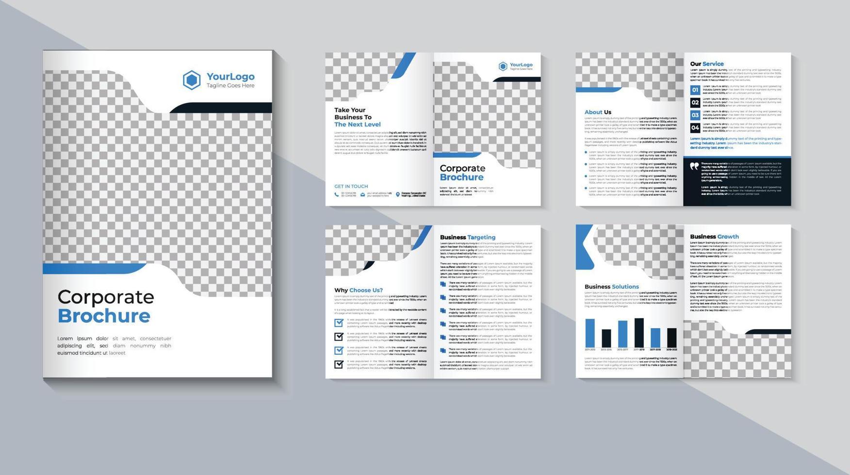 bedrijf profiel 8 bladzijde brochure ontwerp, bedrijf brochure sjabloon, zakelijke brochure ontwerp, blauw kleur, pro vector